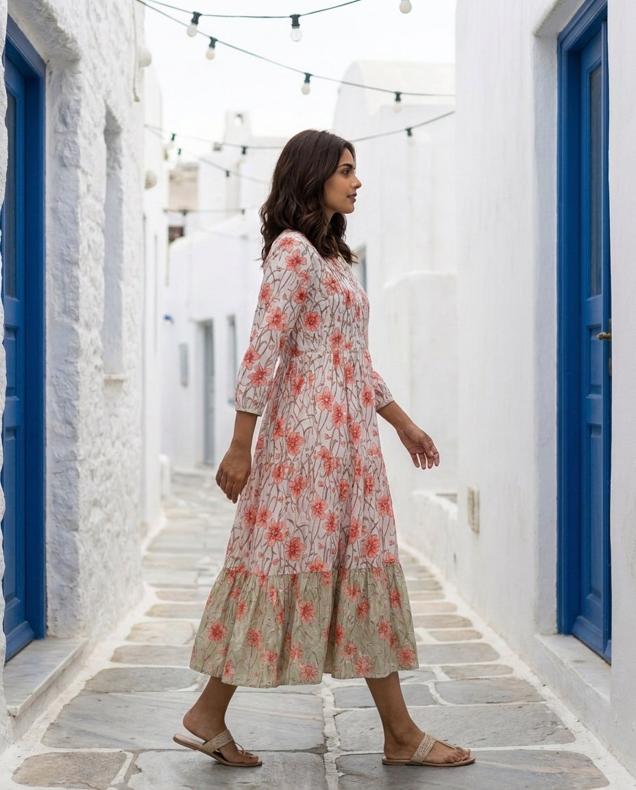 White & Peach Floral Handblock Tiered Cotton Dress — side view
