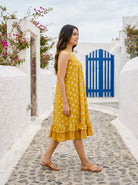 Yellow Handblock Sleeveless Cotton Dress with Frill Sweep — side view