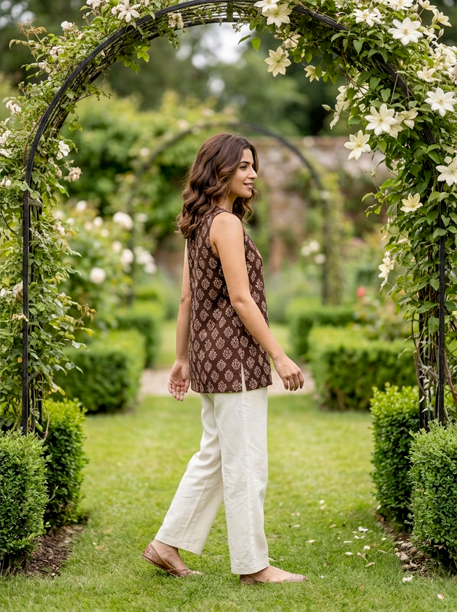 Brown Handblock Cotton Sleeveless Top — view 2