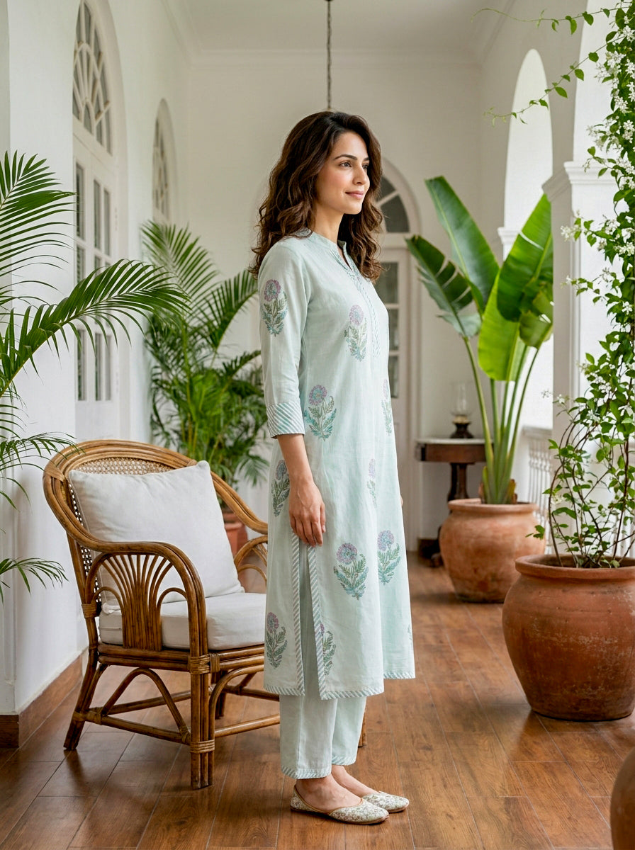 Mint Green Botanical Handblock Cotton Co-ord Set — side view