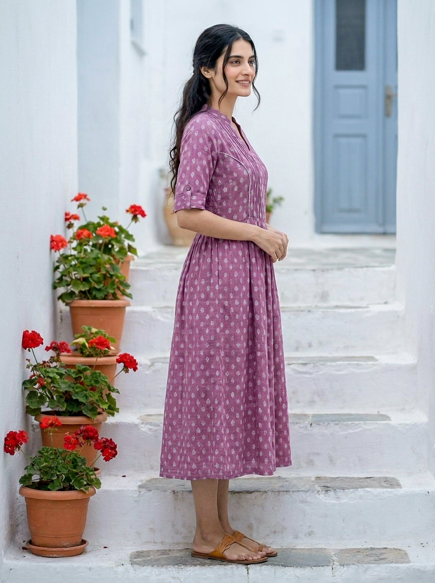 Purple Handblock Cotton Mandarin-Collar Dress with Elastic Back — side view