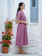 Purple Handblock Cotton Mandarin-Collar Dress with Elastic Back — side view