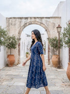 Indigo Botanical Handblock Cotton Fit-and-Flare Dress — side view