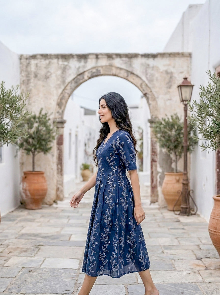 Indigo Botanical Handblock Cotton Fit-and-Flare Dress — side view