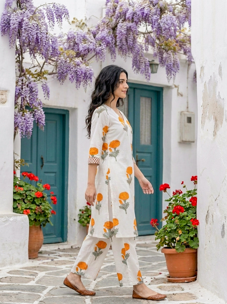 Ivory & Orange Marigold Handblock Cotton Co-ord Set — side view