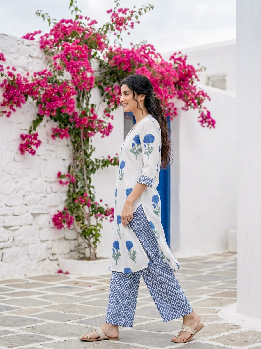 Ivory & Indigo Marigold Handblock Cotton Co-ord Set — side view