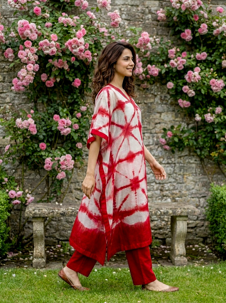 Coral Red Tie-Dye Cotton Kaftan with Pants — view 2