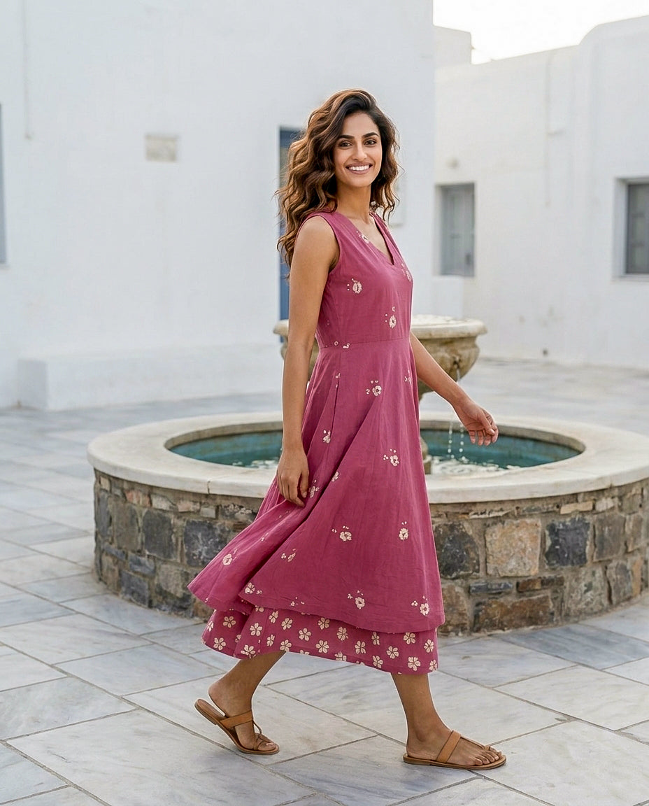 Pink Handblock Sleeveless Double-Layered Cotton V-Neck Dress — side view