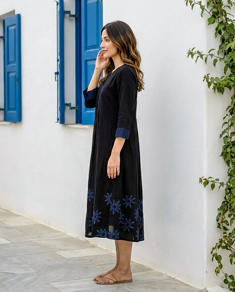 Black Handblock Cotton Round-Neck Flowy Dress — side view
