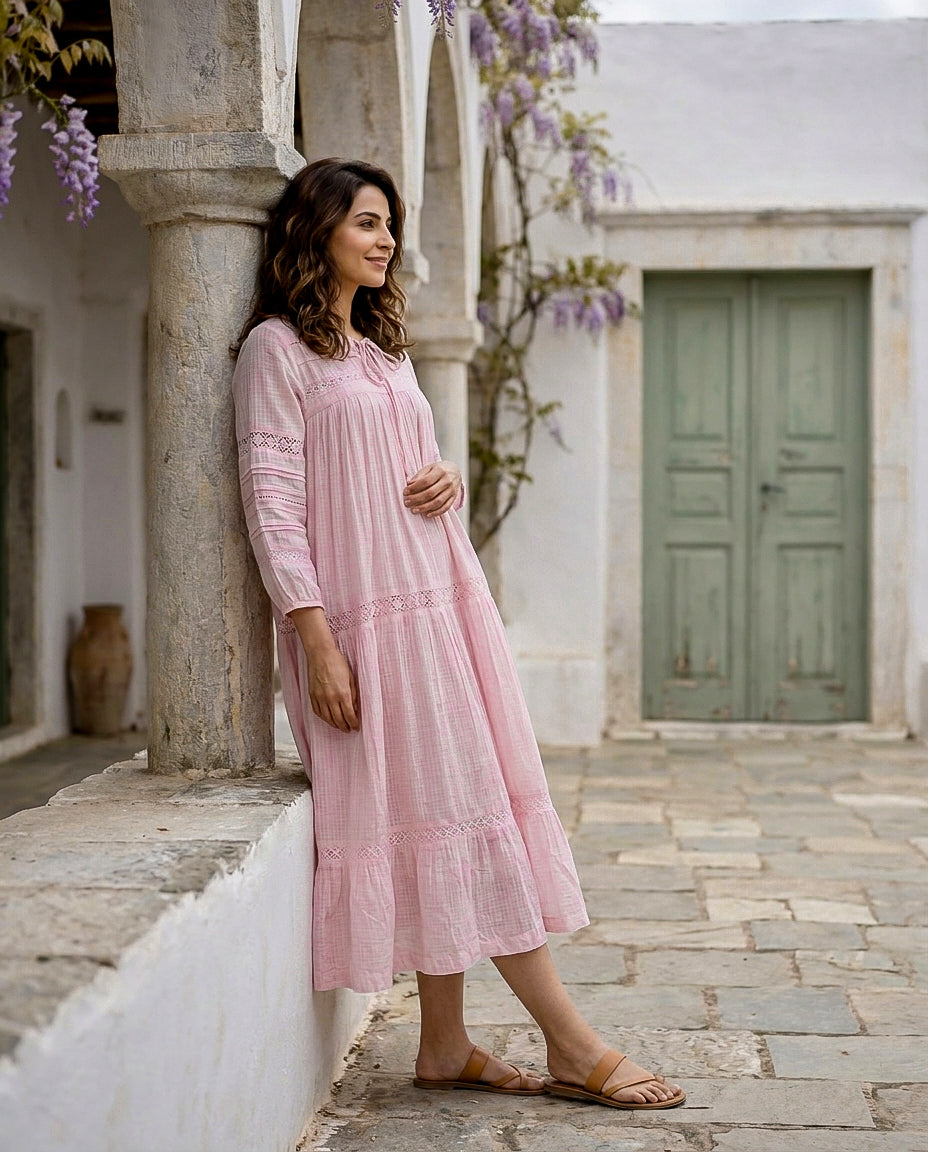 Pink Kota Doriya Round-Neck Dress with Lacey Sleeves — side view