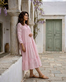 Pink Kota Doriya Round-Neck Dress with Lacey Sleeves — side view