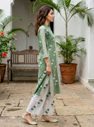 Sage Green Floral Handblock Cotton Co-ord Set with White Palazzo — side view