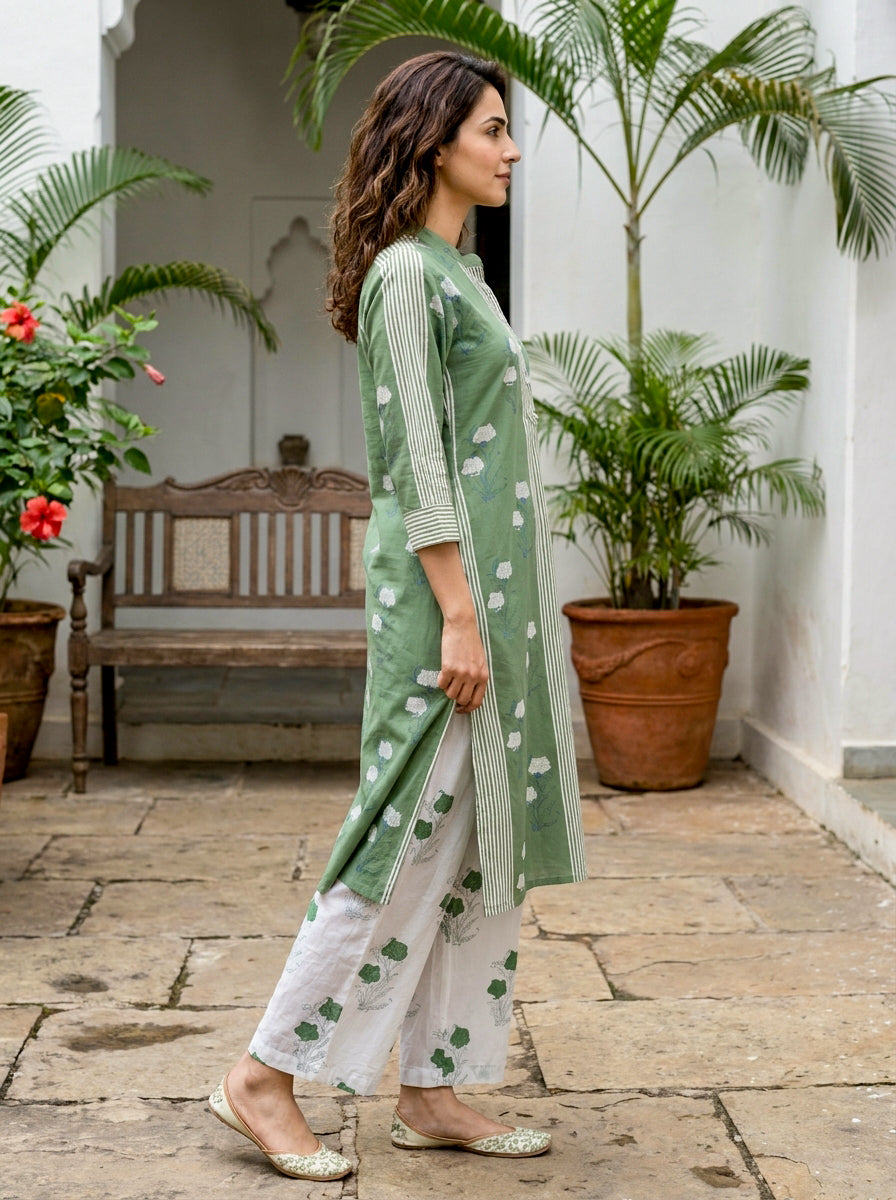 Sage Green Floral Handblock Cotton Co-ord Set with White Palazzo — side view