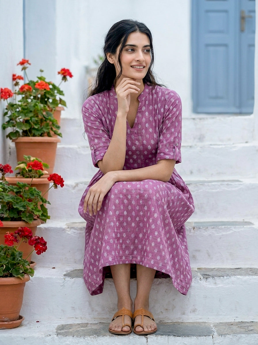 Purple Handblock Cotton Mandarin-Collar Dress with Elastic Back — styled look