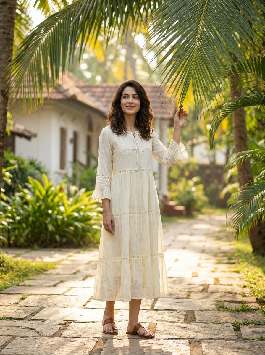 Ivory Kota Doria Tiered Cotton Dress with Lace Inserts — styled look