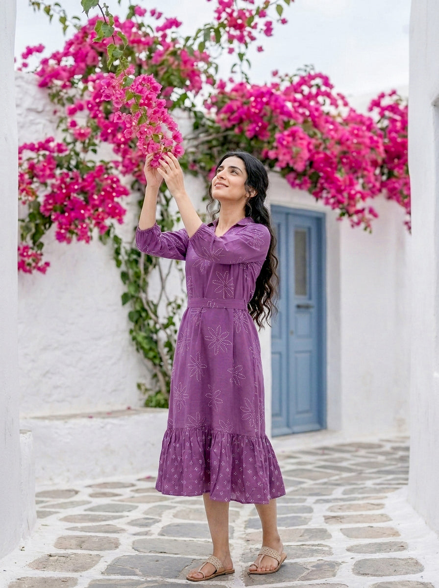 Lilac Bandhej Handblock Cotton Collared Tiered Dress — styled look