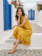 Yellow Handblock Sleeveless Cotton Dress with Frill Sweep — styled look