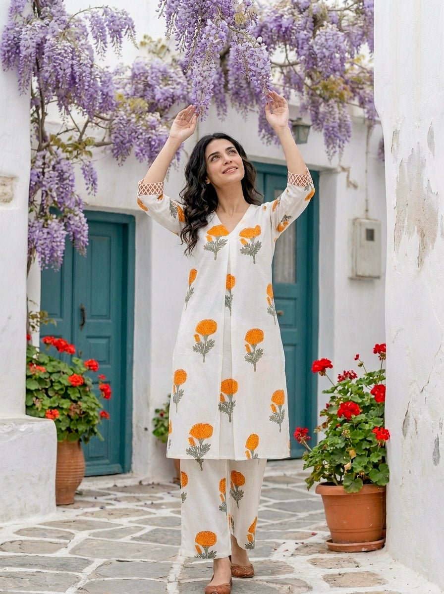 Ivory & Orange Marigold Handblock Cotton Co-ord Set — styled look