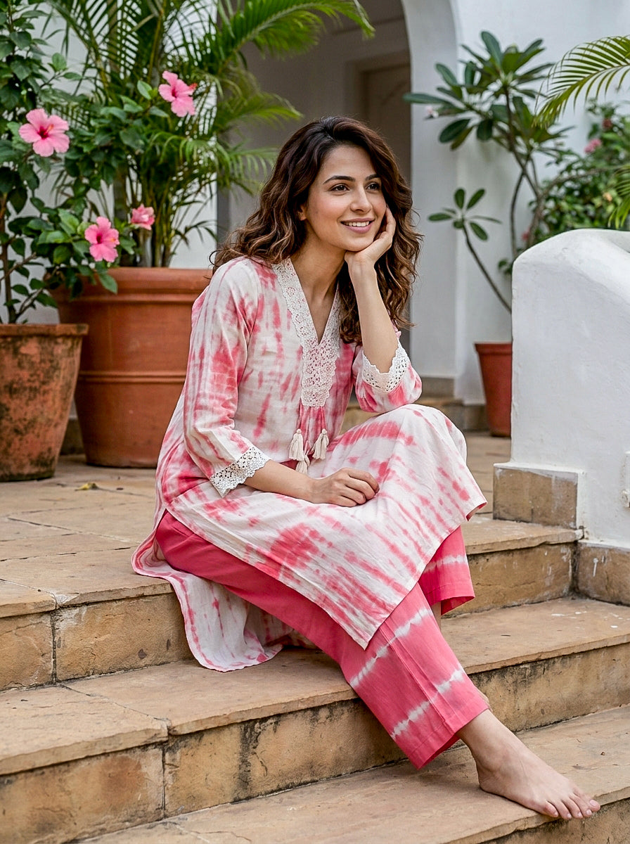Coral Tie-Dye Cotton Co-ord Set with Lace Trim — styled look