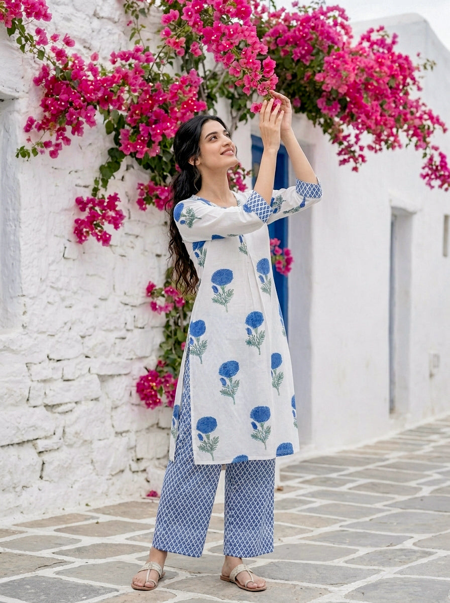 Ivory & Indigo Marigold Handblock Cotton Co-ord Set — styled look