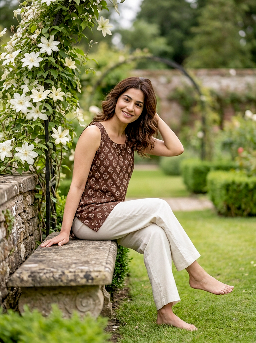 Brown Handblock Cotton Sleeveless Top — view 4