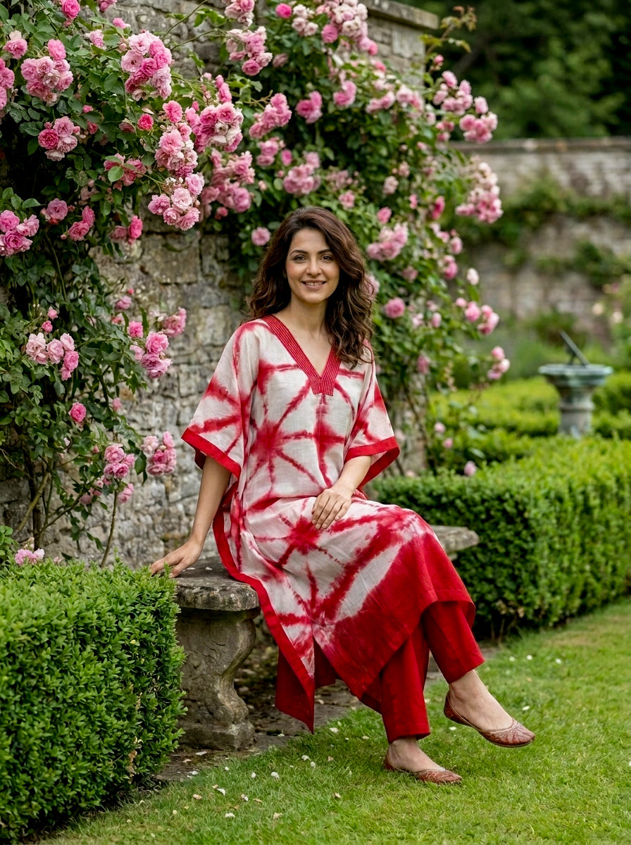 Coral Red Tie-Dye Cotton Kaftan with Pants — view 4