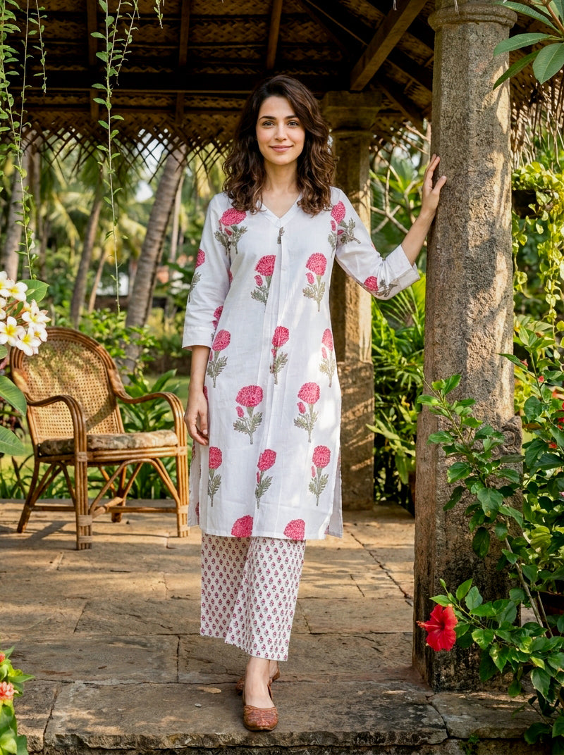 Ivory & Pink Rose Handblock Cotton Co-ord Set — styled look