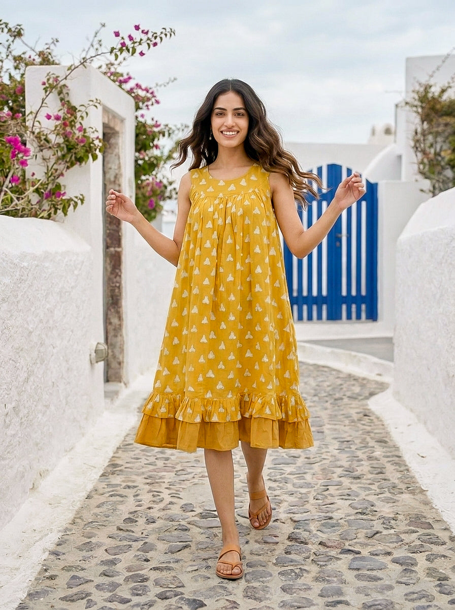Yellow Handblock Sleeveless Cotton Dress with Frill Sweep — styled look