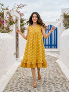 Yellow Handblock Sleeveless Cotton Dress with Frill Sweep — styled look