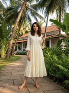Ivory Kota Doria Tiered Cotton Dress with Lace Inserts — styled look