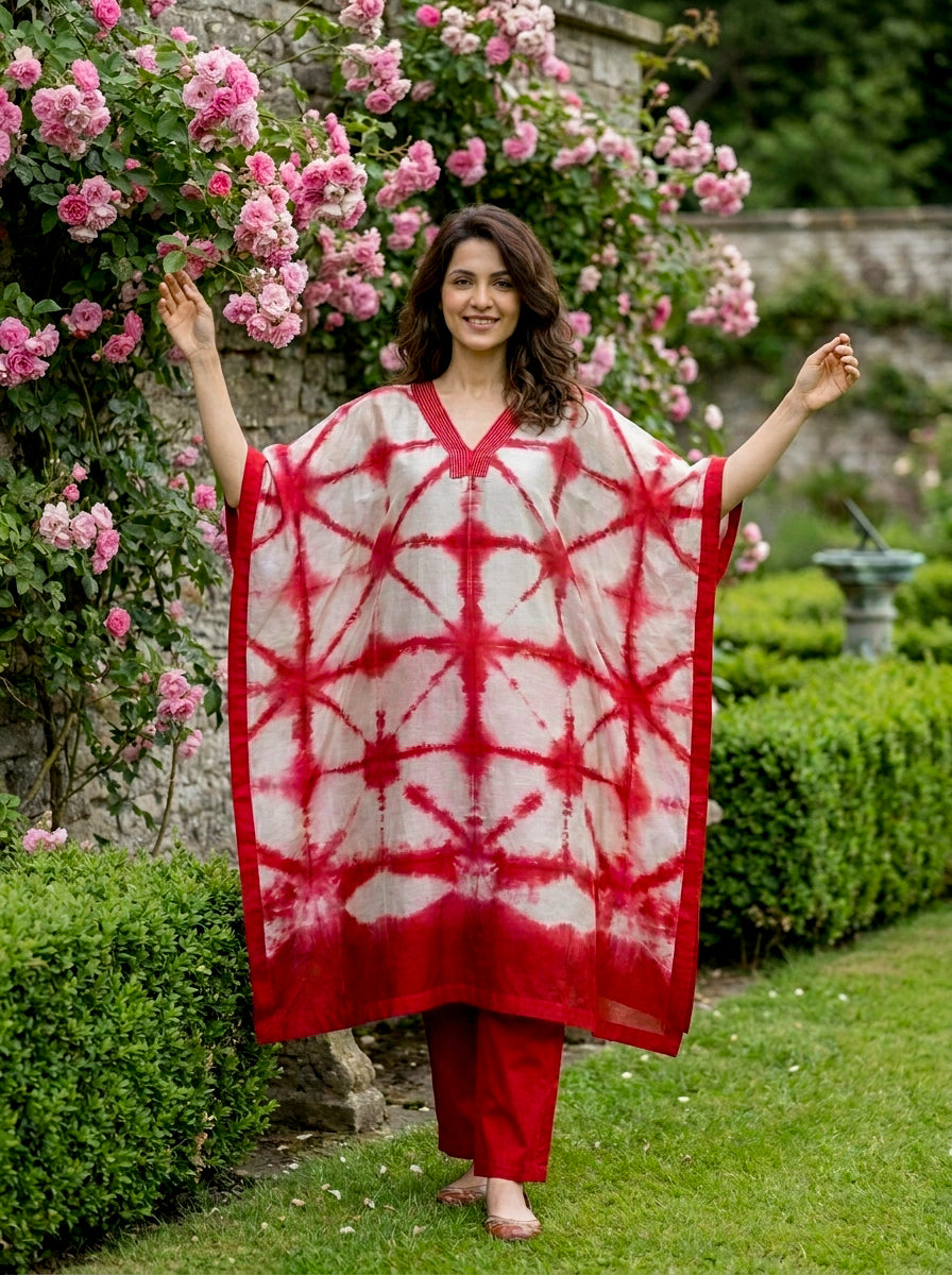 Coral Red Tie-Dye Cotton Kaftan with Pants — view 5
