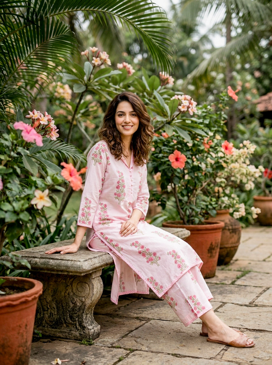 Baby Pink Floral Handblock Cotton Co-ord Set — styled look
