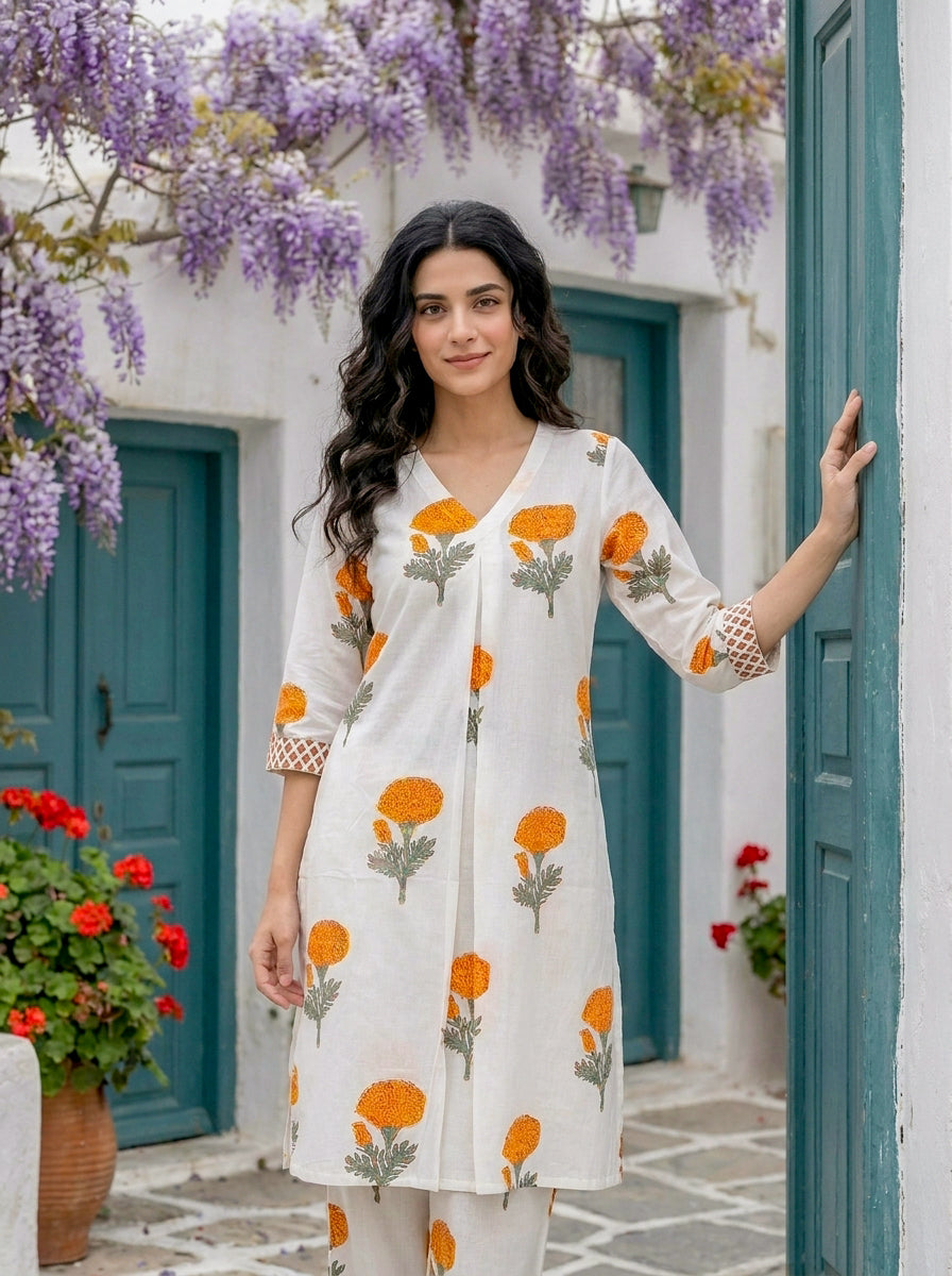 Ivory & Orange Marigold Handblock Cotton Co-ord Set — styled look