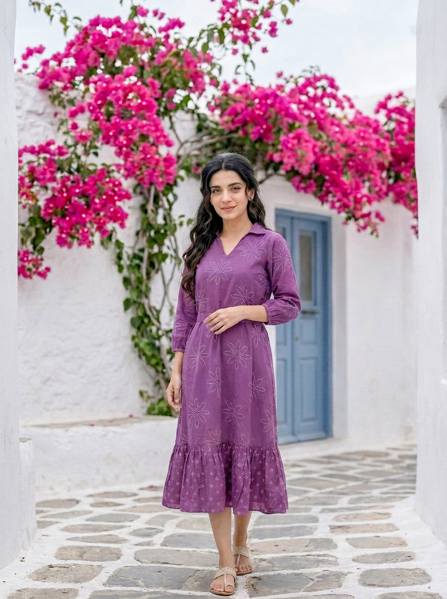Lilac Bandhej Handblock Cotton Collared Tiered Dress — styled look