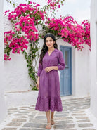 Lilac Bandhej Handblock Cotton Collared Tiered Dress — styled look