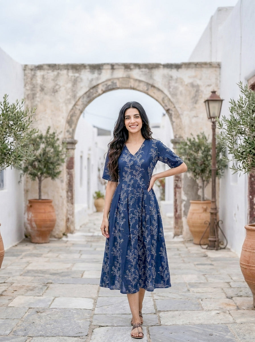 Indigo Botanical Handblock Cotton Fit-and-Flare Dress — styled look