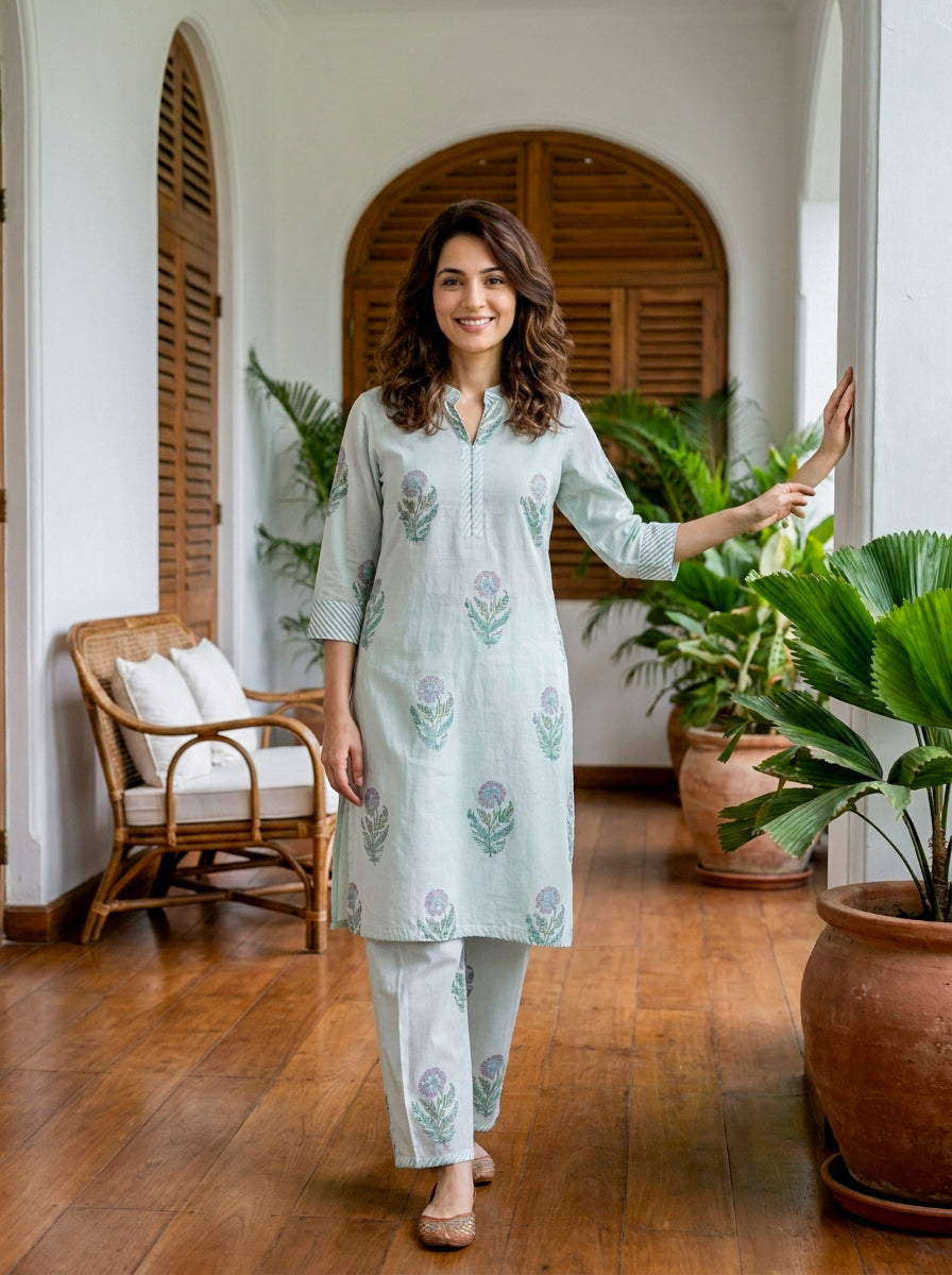 Mint Green Botanical Handblock Cotton Co-ord Set — styled look