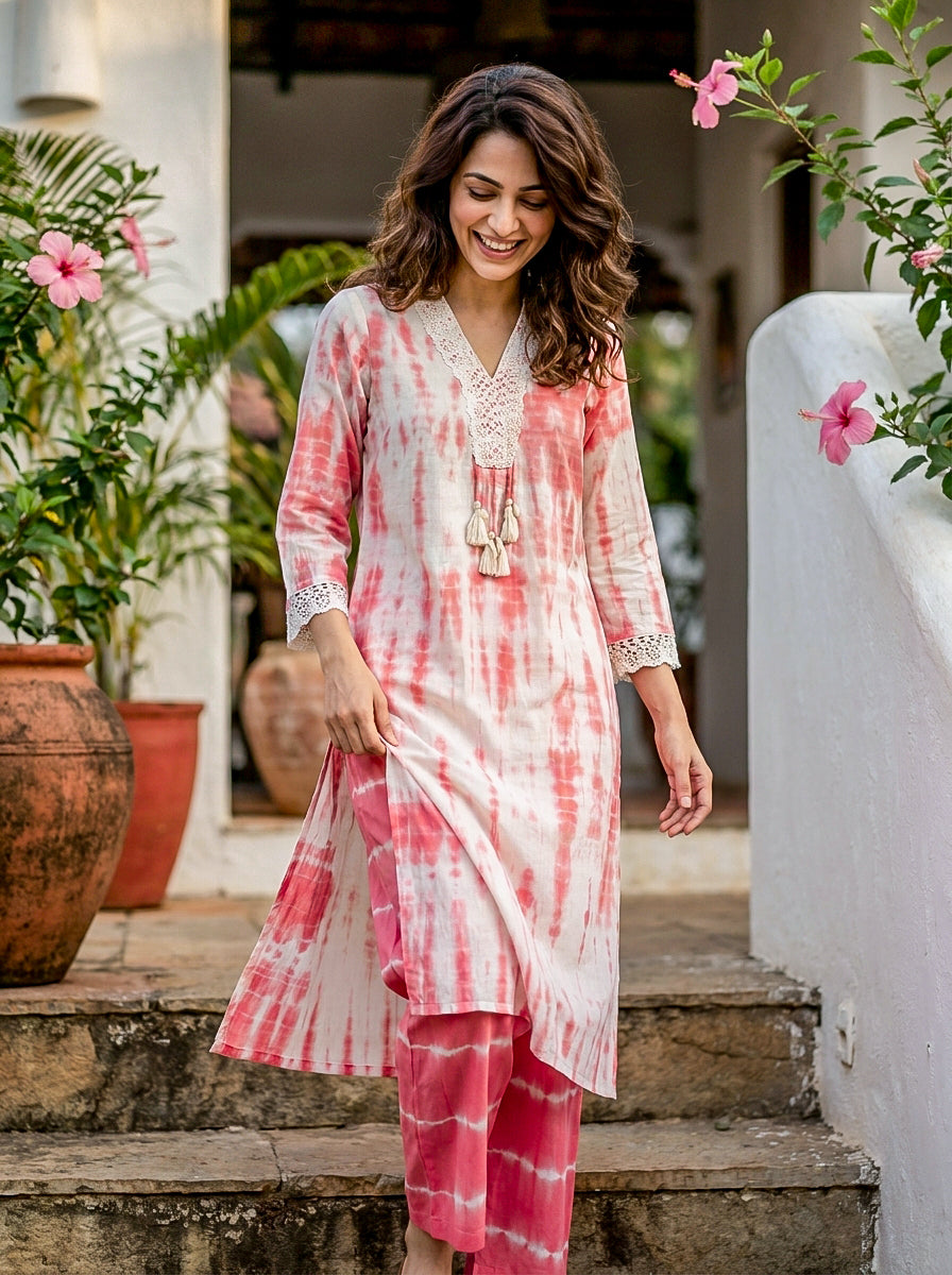 Coral Tie-Dye Cotton Co-ord Set with Lace Trim — styled look