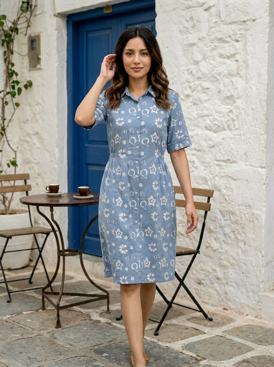Blue Handblock Cotton Collar-Neck Straight Dress — styled look
