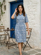 Blue Handblock Cotton Collar-Neck Straight Dress — styled look