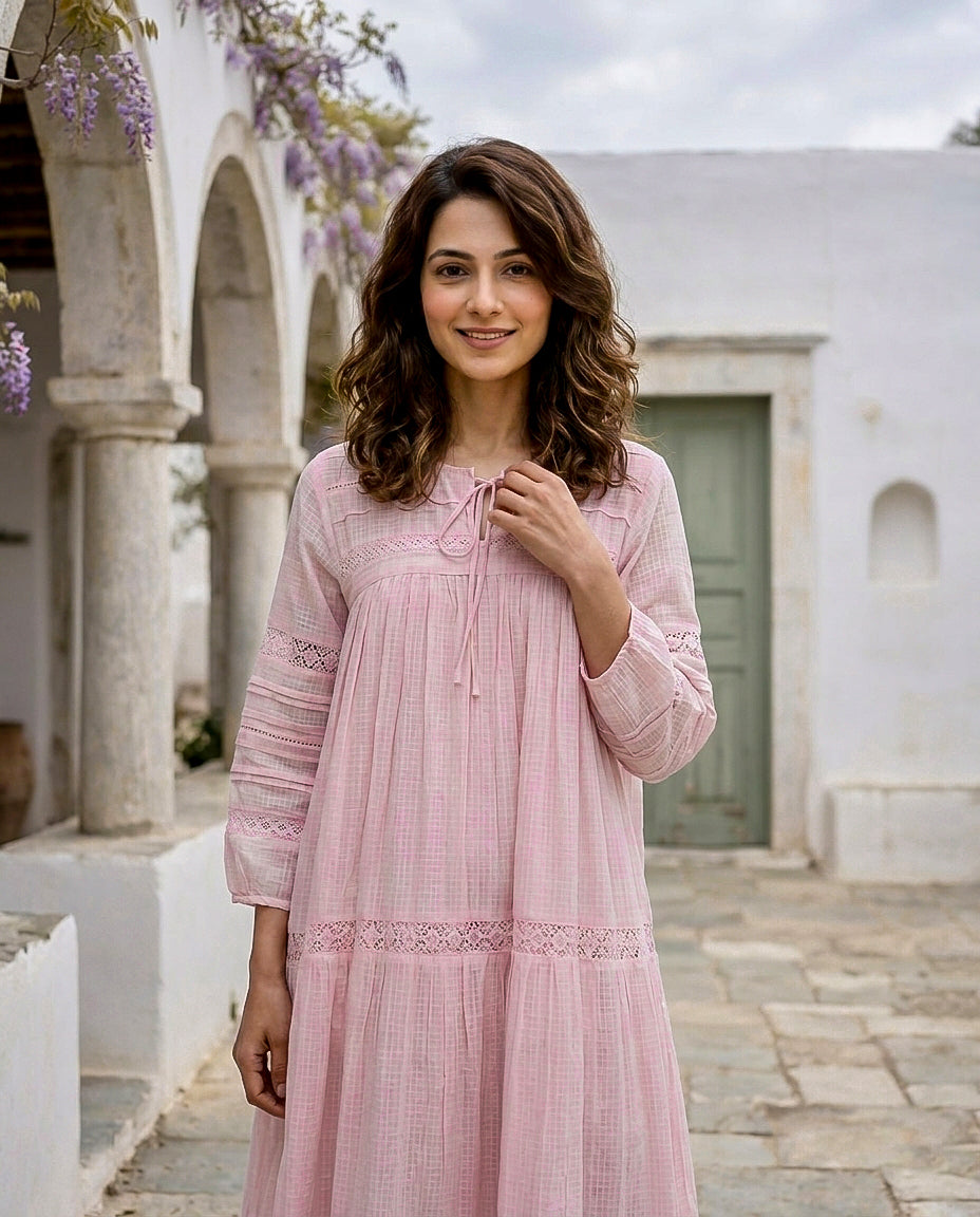 Pink Kota Doriya Round-Neck Dress with Lacey Sleeves — styled look