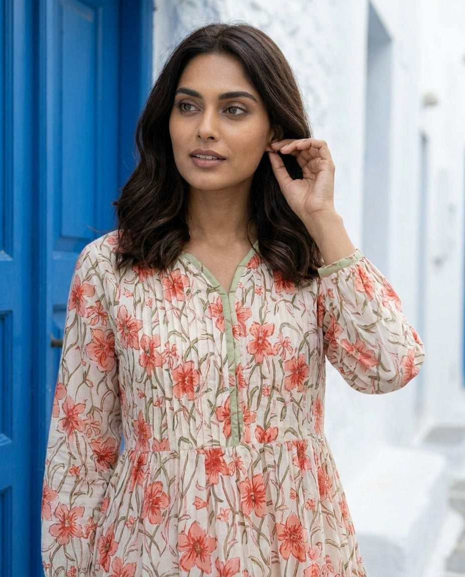 White & Peach Floral Handblock Tiered Cotton Dress — styled look