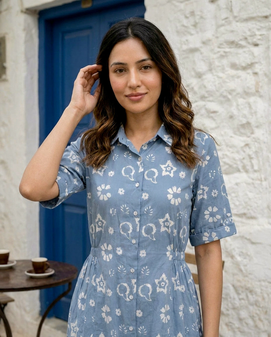 Blue Handblock Cotton Collar-Neck Straight Dress — styled look