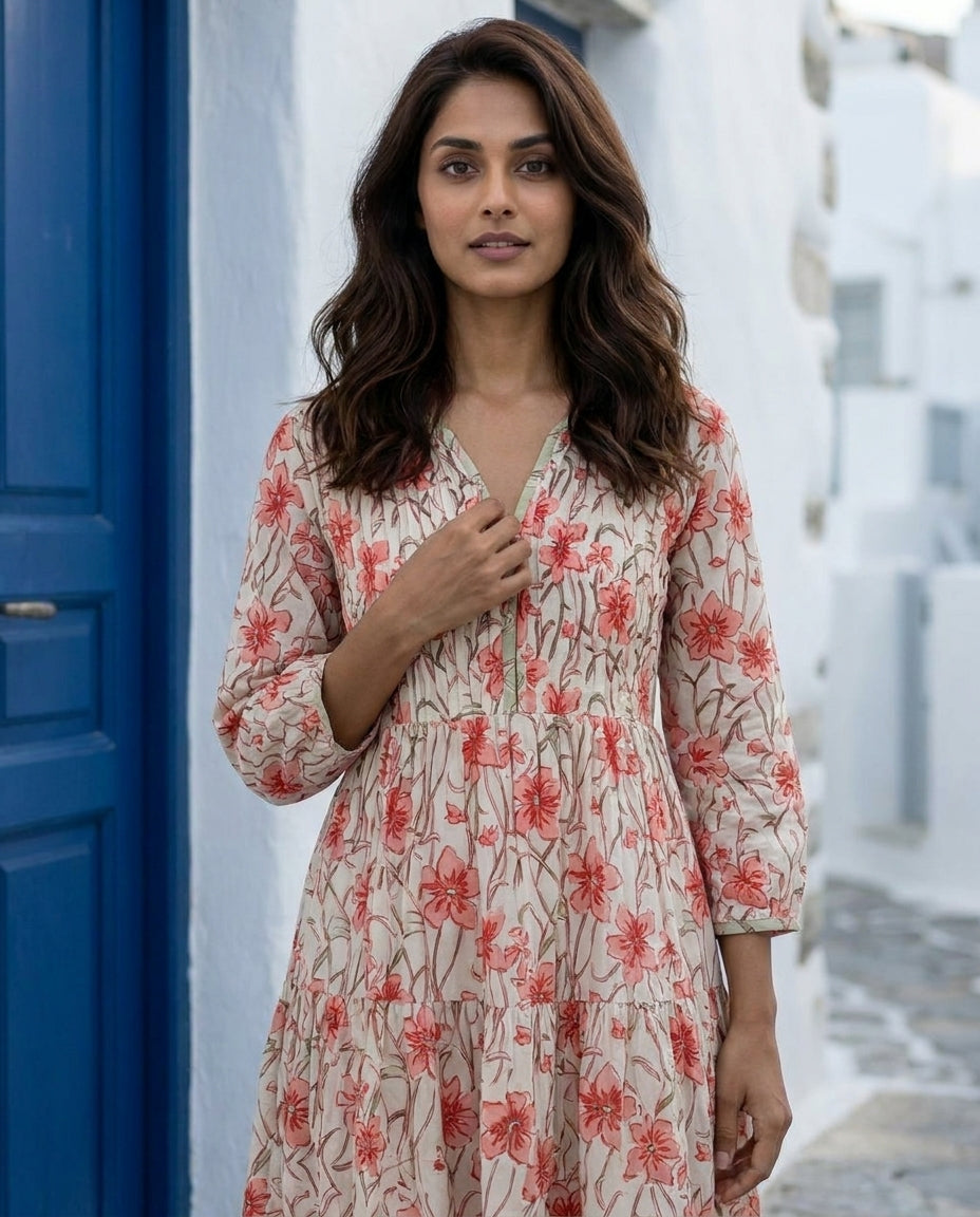 White & Peach Floral Handblock Tiered Cotton Dress — styled look