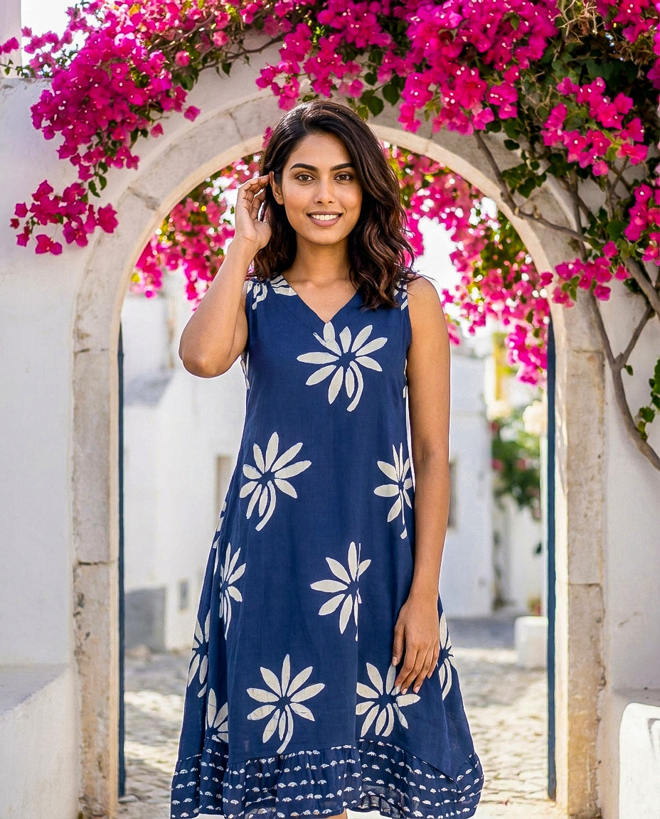 Indigo Handblock Sleeveless Cotton V-Neck Dress — styled look