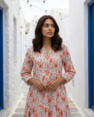 White & Peach Floral Handblock Tiered Cotton Dress — styled look