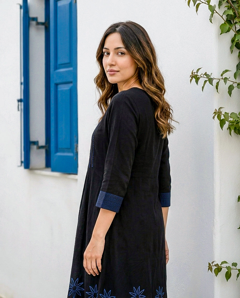 Black Handblock Cotton Round-Neck Flowy Dress — styled look