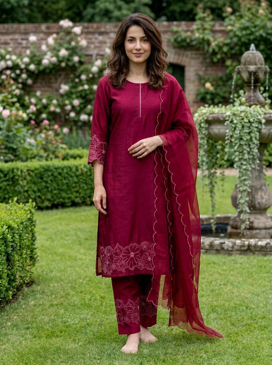 Wine Red Embroidered Chanderi Silk Suit Set with Pants & Dupatta — styled with natural pallu