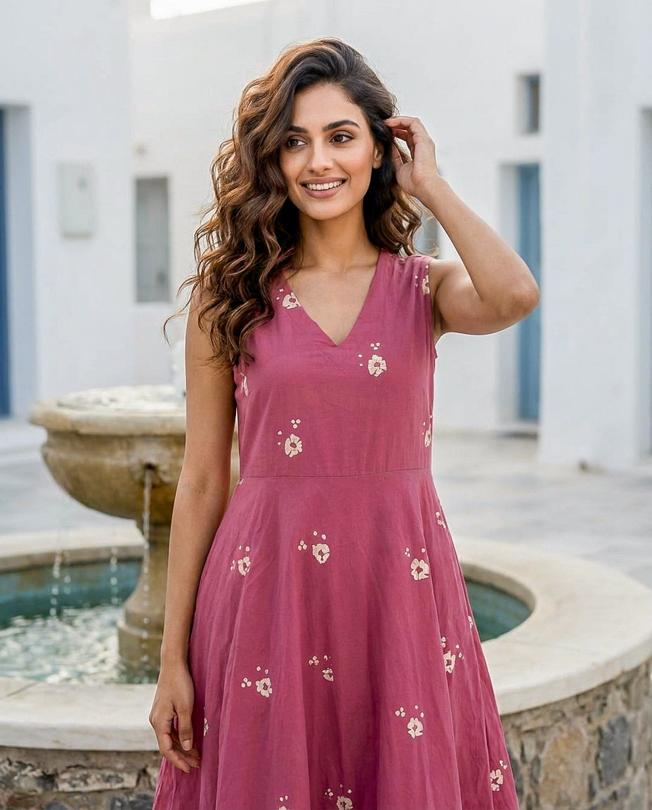Pink Handblock Sleeveless Double-Layered Cotton V-Neck Dress — styled look