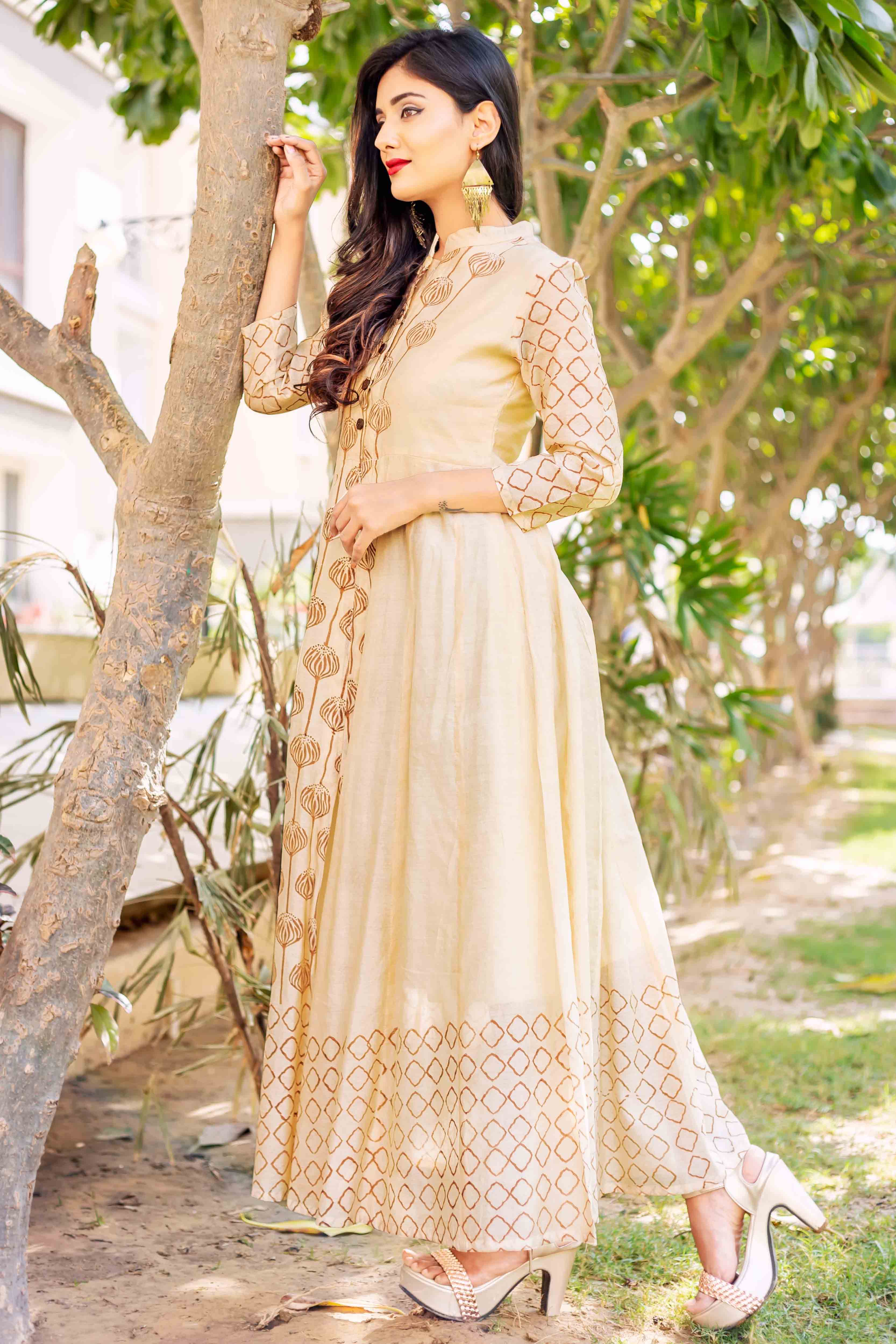 Kayra Beige and Brown Placement Printed Dress  MISSPRINT